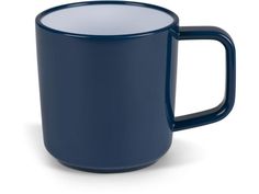 a blue coffee mug is shown on a white background and has a black rim around it