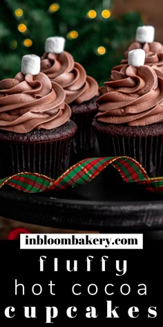 three chocolate cupcakes on a black platter with the words fluffy hot cocoa cupcakes