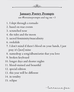 a poem with the words january poetry prompts in english and spanish, including an image of