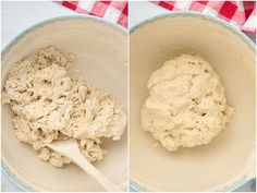 two pictures of dough in a bowl with a spoon and red checkered table cloth