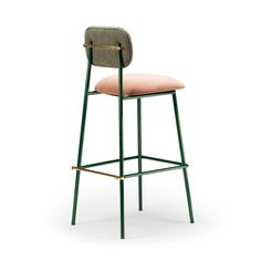 an upholstered bar stool with a pink seat and backrest, against a white background