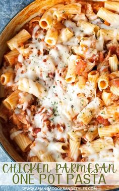 chicken parmesan one - pot pasta in a skillet