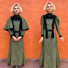 two photos of a woman wearing a green dress with black trims, standing in front of an orange wall