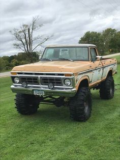 an old pick up truck parked in the grass