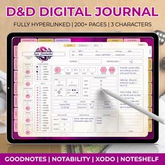 a tablet with the words d & d digital journal on it and a pen next to it