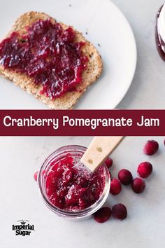 cranberry pomegranate jam in a jar next to a piece of bread