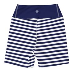 Berry Jane Women's Mid-thigh Swim Shorts. These cute, timeless nautical stripe swim shorts are a perfect coverup for SUP paddle boarding, swimming, or lounging. These shorts offer UPF 30+ Sun protection with a high-waisted, mid-thigh length. The slimming effect keeps you looking great while enjoying the salt air and sunshine! Details: High waist (sits at the natural waist) Wide waistband Inseam length 4 3/4" (Size S) For more fit and sizing info, check out our size chart Features: 82% polyester, White Swimming Bottoms With Upf 50+, Sporty Striped Swimwear For Beach Season, Striped Bottoms With Built-in Shorts For Poolside, Sporty Striped Bottoms With Built-in Shorts, Striped Short Beachwear Swim Trunks, Navy Athleisure Shorts For Summer, Sporty Striped Swim Trunks For Vacation, Sporty Striped Swimwear For Vacation, White Summer Shorts For Water Sports