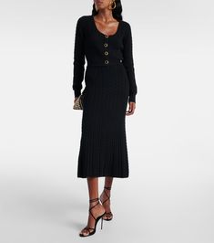 Cable-knit wool midi skirt in black - Alessandra Rich | Mytheresa Office Wool Skirt In Black, Formal Black Wool Skirt, Elegant Wool Pleated Skirt, Elegant Wool Midi Skirt, Chic Wool Mini Skirt, Elegant Wool Skirt For Formal Occasions, Formal Fall Midi Skirt, Chic Wool Midi Skirt, Luxury Fall Evening Skirt