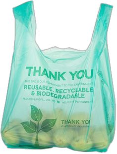 a plastic bag filled with green leaves and the words thank you on it's side