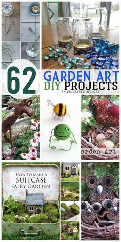 the cover of 52 garden art diy projects with pictures of birds, flowers and other things