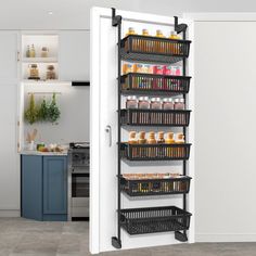 the pantry shelving unit is open to reveal shelves