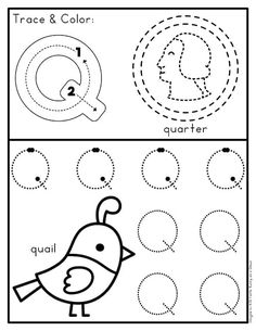 trace and color worksheet for children to practice letter q in the shape of a bird