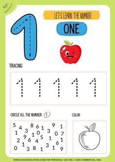 the numbers 1 to 10 worksheet with an apple and number one on it