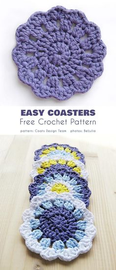 three crocheted coasters with the text easy coasters free crochet pattern