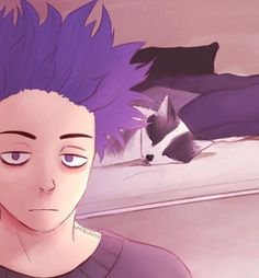 an animated image of a boy with purple hair looking at another guy in the background