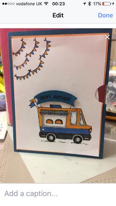 a happy birthday card with an image of a food truck on the front and blue trim