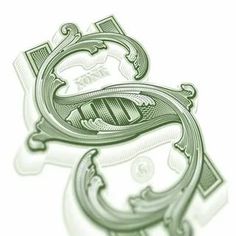 the letter e is made up of money bills and has an ornate design on it