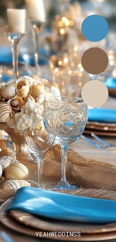 Elegant wedding setup with seashell decor, ocean-inspired hues, and sandy accents perfect for a beach theme.