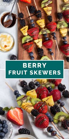 berry fruit skewers are served with chocolate sauce and fresh fruit on sticks for an easy appetizer