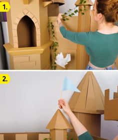 a woman is making a castle out of cardboard and another photo shows how to make it