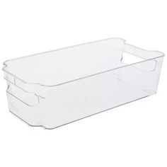 clear plastic storage container with handles and dividers on the bottom, for storing items