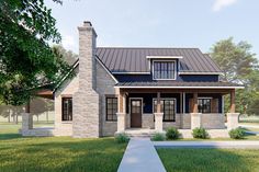 this is a computer rendering of a small house in the country style with stone and metal accents