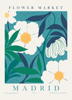 a flower market poster with white flowers and green leaves on blue background, in the middle of