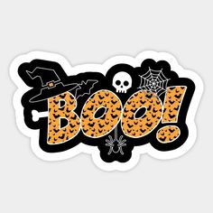 a sticker with the word boo written in orange, black and white letters on it