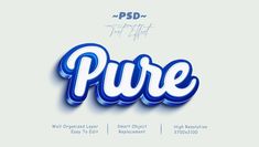 some type of 3d text that is blue and white with the word pure in it