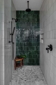 a walk in shower sitting next to a green tiled wall with a plant on it