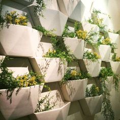 several white planters with plants growing on them in front of a wall that is made out of concrete blocks