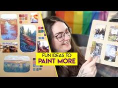 a woman holding up an art piece with pictures on it and the words fun ideas to paint more