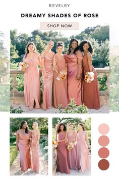 a group of women in dresses standing next to each other with the words dream shades of rose on them