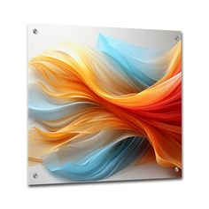 an abstract painting on the side of a white wall with orange, blue and yellow colors