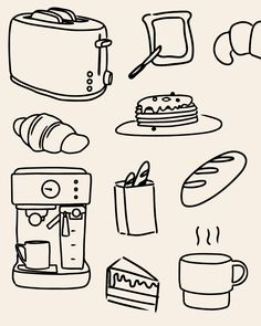 a black and white drawing of kitchen items including toaster, coffee maker, cake, hot chocolate