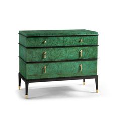 a green chest of drawers with brass handles