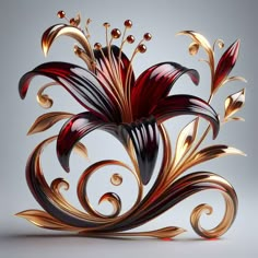 an artistically designed flower with gold and red accents on a gray background, 3d rendering