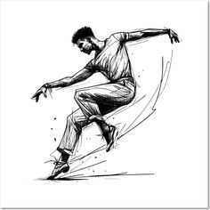 a black and white drawing of a skateboarder