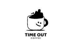 the logo for time out coffee, with a smiling cup of coffee in black and white