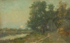 an oil painting of trees and water in the distance with a sun setting behind them