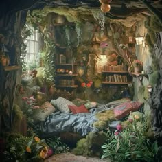 an image of a bedroom with plants on the walls and bed in the middle, surrounded by bookshelves