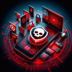 a cell phone with a skull on it surrounded by other electronic devices and gadgets