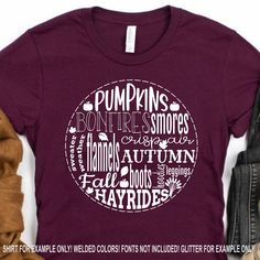 a t - shirt with the words pumpkins, bones, smores and autumn on it