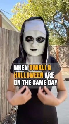 a woman wearing a white mask and black dress with text that reads, when donald & halloween are on the same day