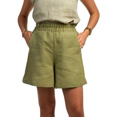 Very stylish, comfortable and breathable, light and breezy loose shorts with elastic waist and pockets. Simple and modern design is perfect in the office, at the beach and every occasion. Style it with our matching color top with long straps (see it in the video). Linen Bermuda Shorts With Built-in Shorts And Relaxed Fit, Relaxed Fit Linen Shorts For Vacation, Chic Linen Knee-length Shorts, Chic Wide Leg Linen Shorts, Wide Leg Linen Shorts With Pockets, Wide-leg Linen Shorts With Pockets, Relaxed Fit Linen Bermuda Shorts, Green Relaxed Fit Wide Leg Shorts, Relaxed Fit Linen Bermuda Shorts With Built-in Shorts