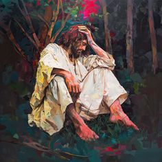 a painting of jesus sitting on the ground with his hands to his head, in front of trees