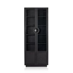 an empty black bookcase with two doors and one door open to the other side