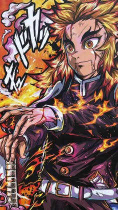 an anime character holding a guitar with flames coming out of his chest and hands behind him