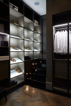 an image of a closet with shoes on shelves and clothes in the bottom right hand corner