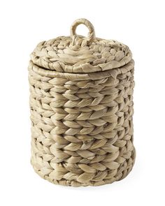 a large woven basket with handles on the top and bottom, sitting in front of a white background